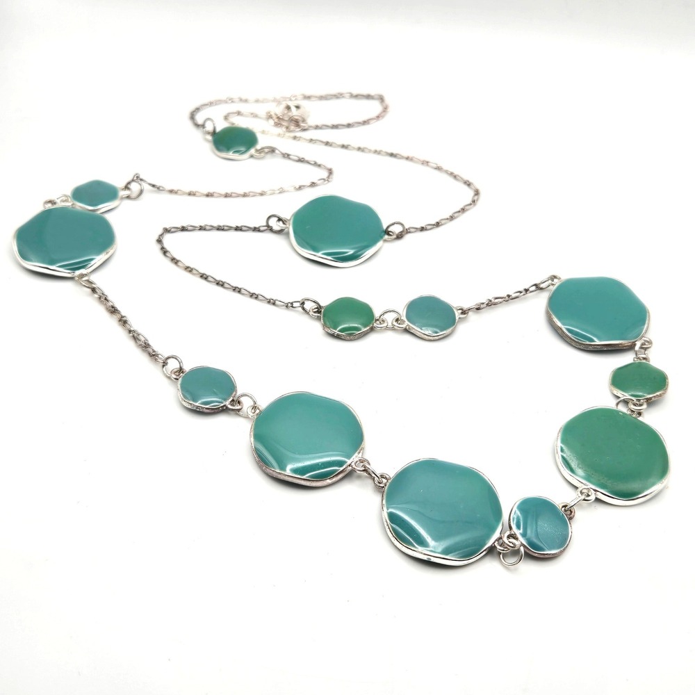 Teal Green Enamel Disc Station Necklace Silver Tone Long Chain 32‎ Inch